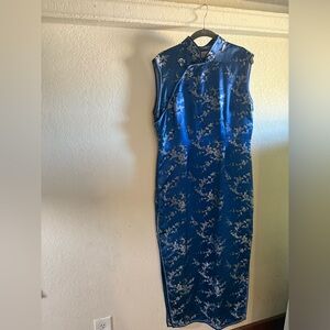 Sleek Blue Floral Sleeveless Dress